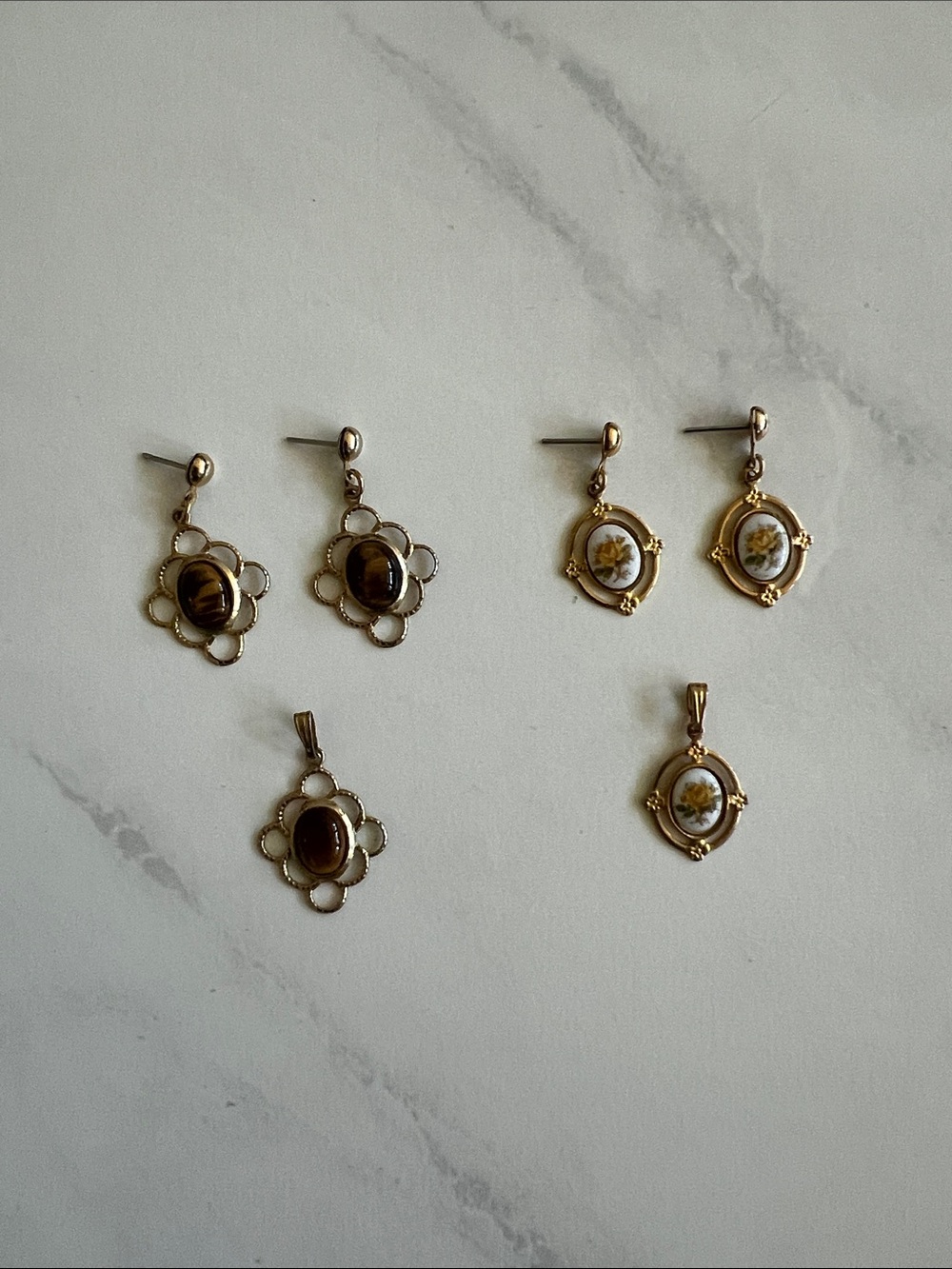Gold Floral Drop Earrings with White Enamel and Brown Stone Accents Set of 2
